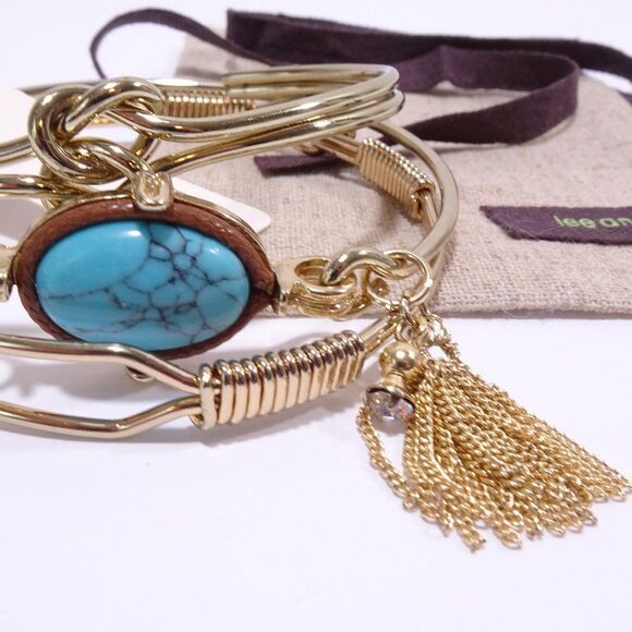 Revolve NWT Roxanne Assoulin Gold Bracelet Tassel and Turq Stone Bangle Set 3 - Picture 16 of 16